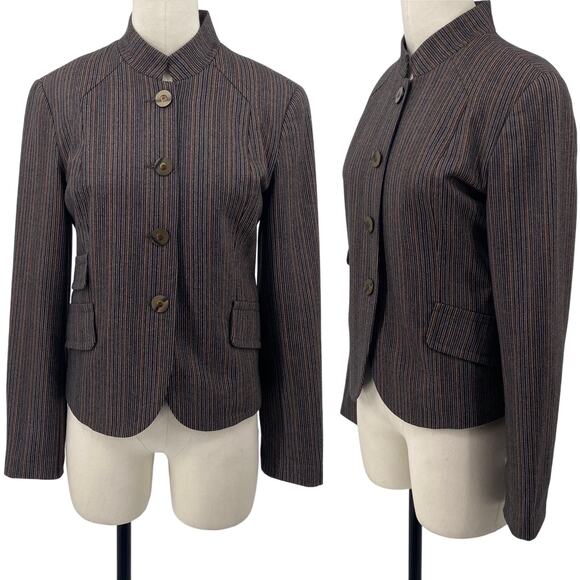 Vintage 90s Carmel Zhao Wool Blazer Single Breasted Striped Brown Womens 6 - Picture 1 of 15
